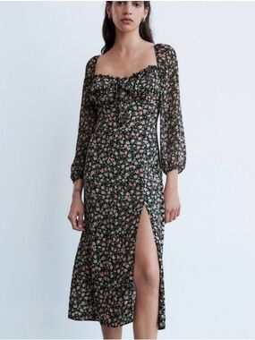 Zara Ditsy Floral Milkmaid Midi Dress with Pink & Green Blossoms XS